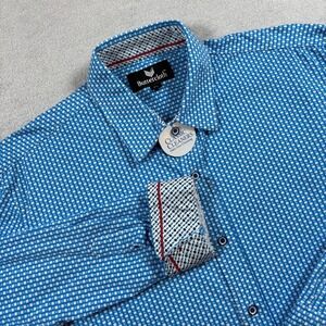 Buttercloth Shirt Men XL Blue Cotton Geometric Flip Cuff Travel Office Button Up